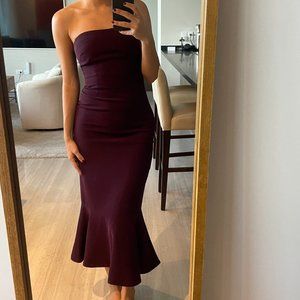 Cinq à Sept Vino Luna Purple Strapless Ruffle Hem Midi Dress Back Zip Size 4